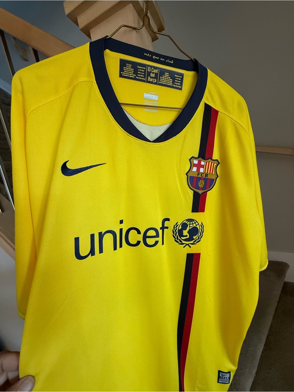adidas Yellow Barcelona. Messi Soccer Jersey with Navy & Red Vertical Stripe